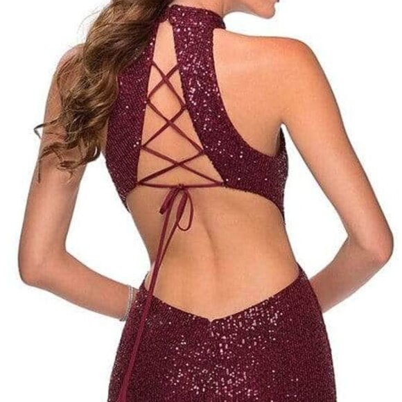 NWT La Femme 28612SC Sequin Prom Dress Burgundy Size 4 - Picture 3 of 9